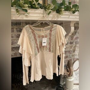 Free People Cream Ruffle Blouse